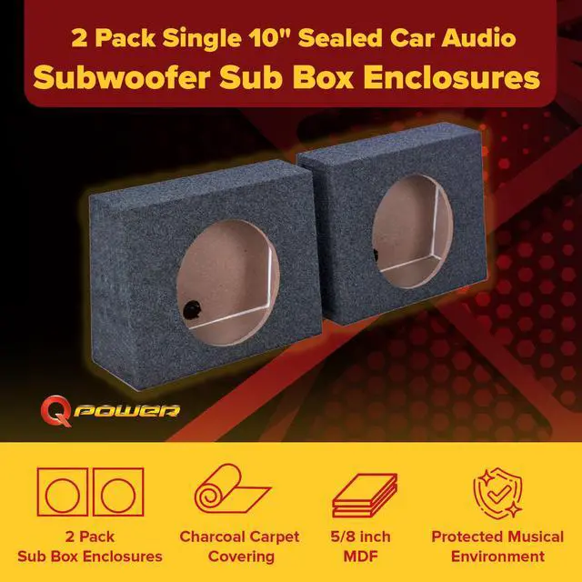 Alt view image 2 of 4 - QPower Pack of 2 Single 10-Inch Sealed Subwoofer Boxes, 0.9 Cubic Feet of Airspace Per Box, Solid 5/8-Inch MDF Construction
