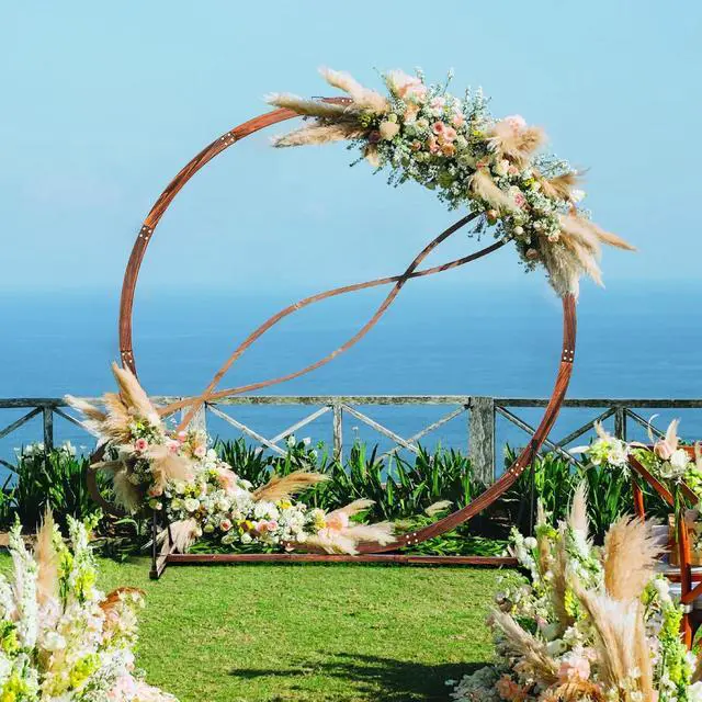 Alt view image 3 of 4 - Wooden Wedding Arch for Ceremony, 7.4 FT Round Solid Wood Arbor for Wedding Backdrop Stand, Rustic Boho Wedding Decoration for Indoor Outdoor Birthday Proposal Party Garden Lawn Beach