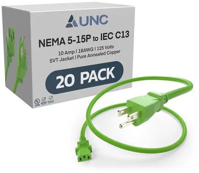 Main image of 20 Pack 4ft (1.2m) Power Cord NEMA 5-15P to IEC C13 10Amp 18AWG 125V SVT Jacket 515P-C13 PDU PC Cable Monitor UL Listed, Green, 4 Foot