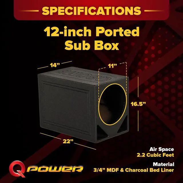 Alt view image 3 of 3 - QPower Single Triangle Car Audio Ported Subwoofer Box, Fits Most 12-Inch Subwoofers - Deep Bass MDF Enclosure with Bed Liner Finish, Tuned to 54 Hertz, 2.2 Cu Ft Air Space