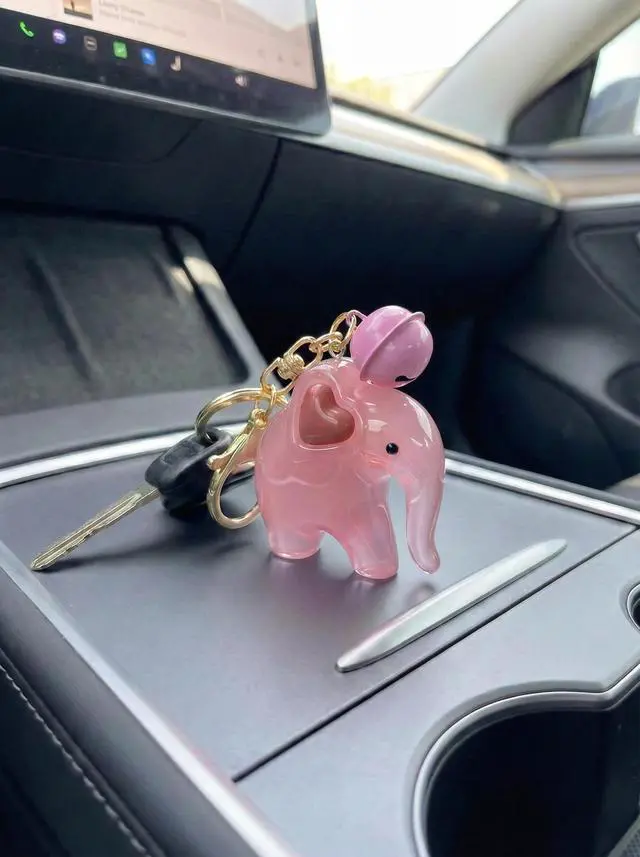 Alt view image 3 of 7 - Sweet Elephant Keychain & Bag Charm, Clear Acrylic Animal Pendant with Tiny Bell, Adorable Car Key Ring for Women (Pink)