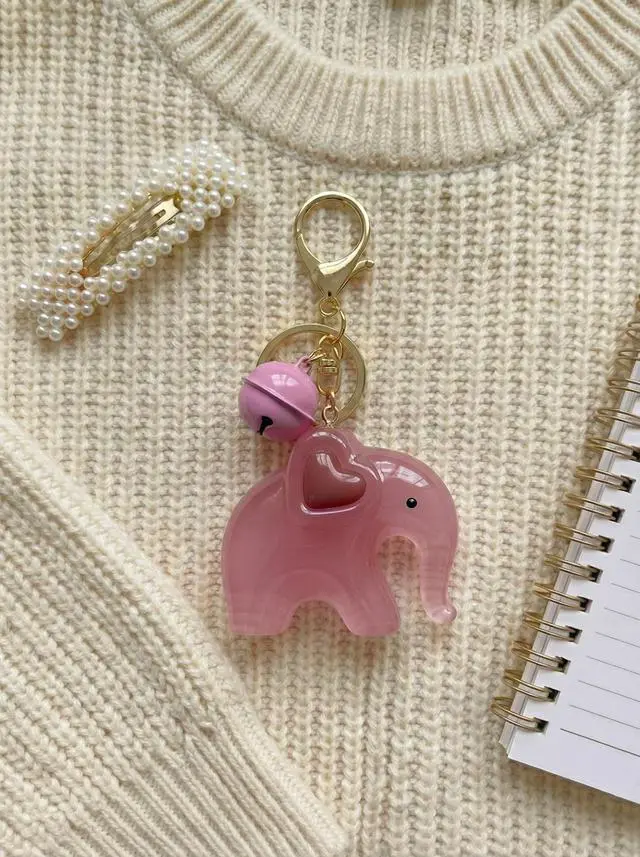 Alt view image 6 of 7 - Sweet Elephant Keychain & Bag Charm, Clear Acrylic Animal Pendant with Tiny Bell, Adorable Car Key Ring for Women (Pink)