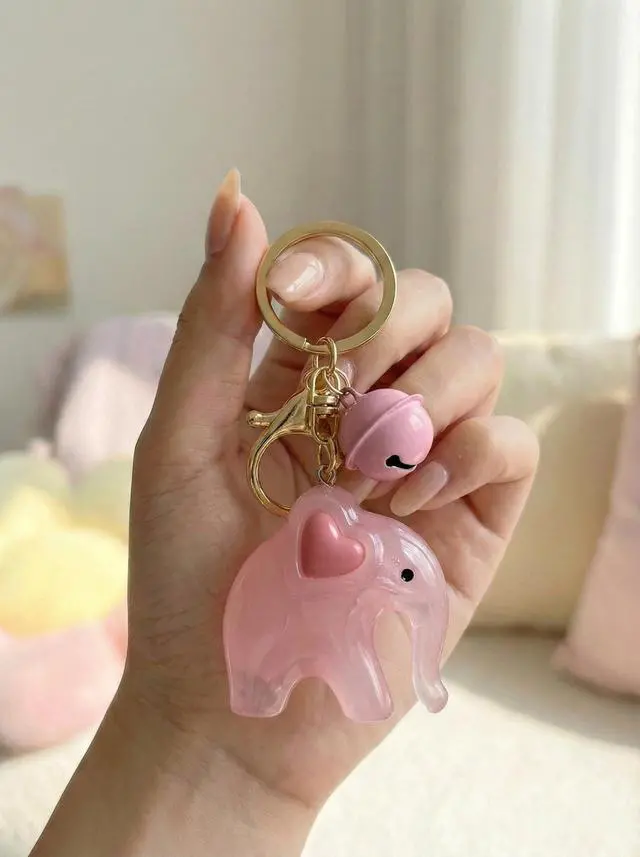 Alt view image 2 of 7 - Sweet Elephant Keychain & Bag Charm, Clear Acrylic Animal Pendant with Tiny Bell, Adorable Car Key Ring for Women (Pink)