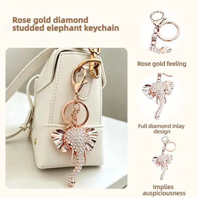 Alt view image 4 of 7 - Rose Gold Elephant Rhinestone Keychain, Sparkly Crystal Elephant Charm Key Ring for Women, Lucky Elephant Pendant for Handbag Purse Car Key, Cute Animal Jewelry