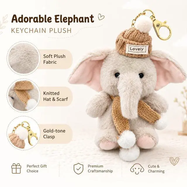 Alt view image 3 of 7 - Plush Elephant Keychain - Soft & Durable Cute Elephant Keychain for Backpack, Gift for Friends & Family, Car & Home Decor (Pink)