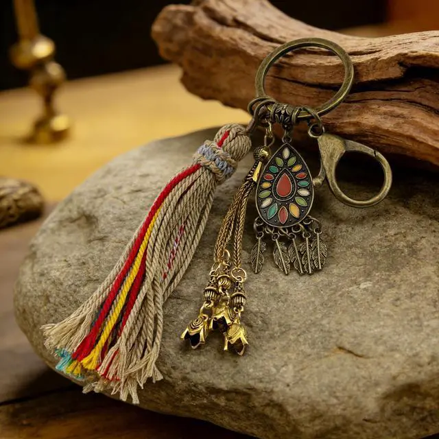 Alt view image 2 of 6 - Boho Keychain Brass Keyring, Vintage Key Chain Ring, Bag Charms, Tulip Tassels, Lanyards for Keys, Purse Charms for Handbags Gift for Women