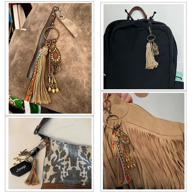Alt view image 5 of 6 - Boho Keychain Brass Keyring, Vintage Key Chain Ring, Bag Charms, Tulip Tassels, Lanyards for Keys, Purse Charms for Handbags Gift for Women