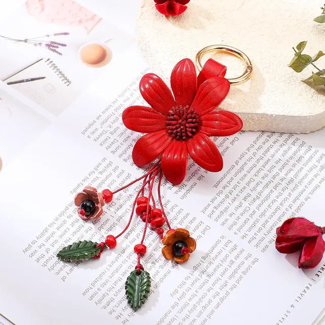 Alt view image 4 of 6 - Leather Purse Charms Daisy Flower Keychain Red Bag Keychains Accessories for Women Wallet Bag Purse Ring Pendant