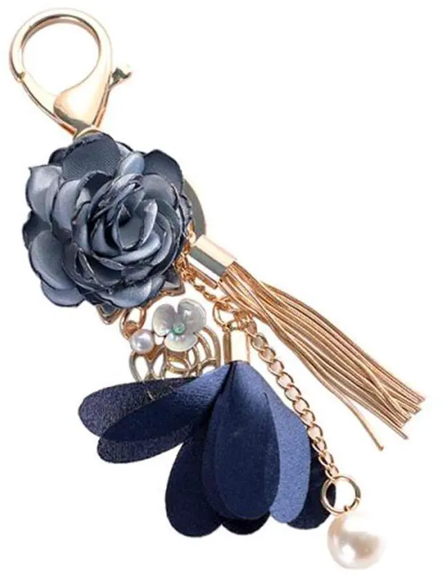 Main image of Flower Tassel Keychain Pearl Car Keyring Holder Purse Handbag Pendant (Blue)