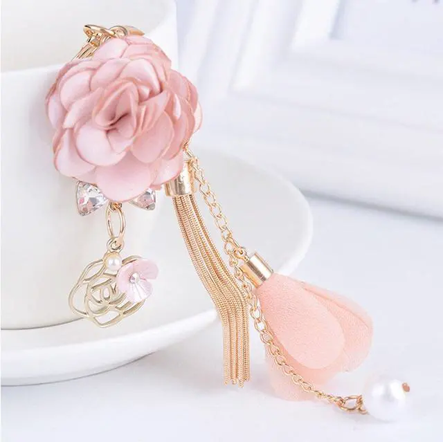 Alt view image 5 of 7 - Flower Tassel Keychain Pearl Car Keyring Holder Purse Handbag Pendant (Pink)