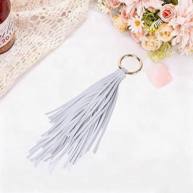 Alt view image 3 of 7 - Handbag Tassel Charms Keychain with Gold Ring Women Leather Tassel Key Fob PU Leather Pendant Keychian Circle Car Key Rings Holder for Men Women Bag Wallet Decor(Gray)