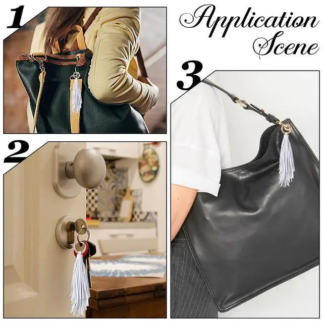 Alt view image 4 of 7 - Handbag Tassel Charms Keychain with Gold Ring Women Leather Tassel Key Fob PU Leather Pendant Keychian Circle Car Key Rings Holder for Men Women Bag Wallet Decor(Gray)