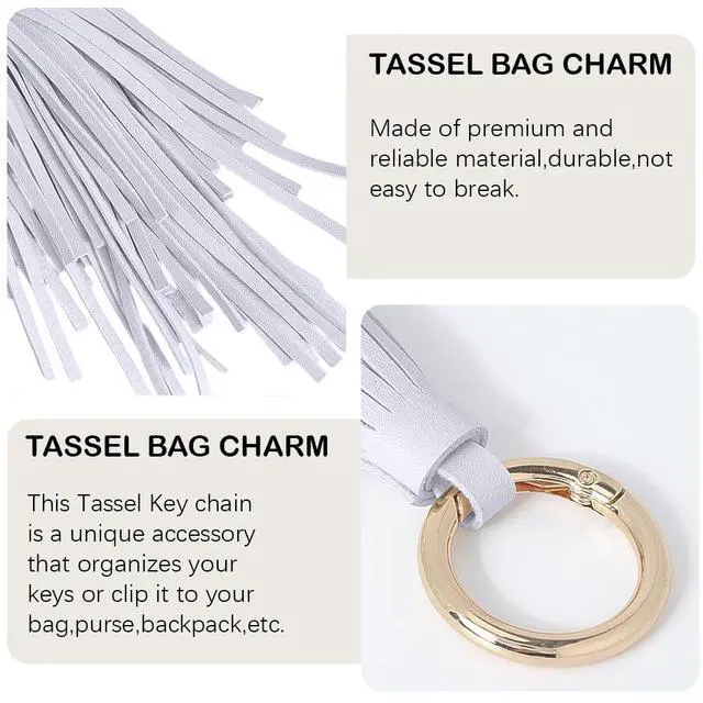 Alt view image 5 of 7 - Handbag Tassel Charms Keychain with Gold Ring Women Leather Tassel Key Fob PU Leather Pendant Keychian Circle Car Key Rings Holder for Men Women Bag Wallet Decor(Gray)