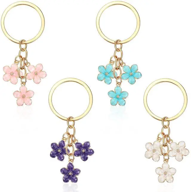 Main image of 4PCS Cute Flower Keychains, Women Aesthetic Pink Key Chain Charm Pendants Tassel Keyring blossoms Charms for Girls Bag Handbags Wallet Purse Car Accessories Decoration Gift
