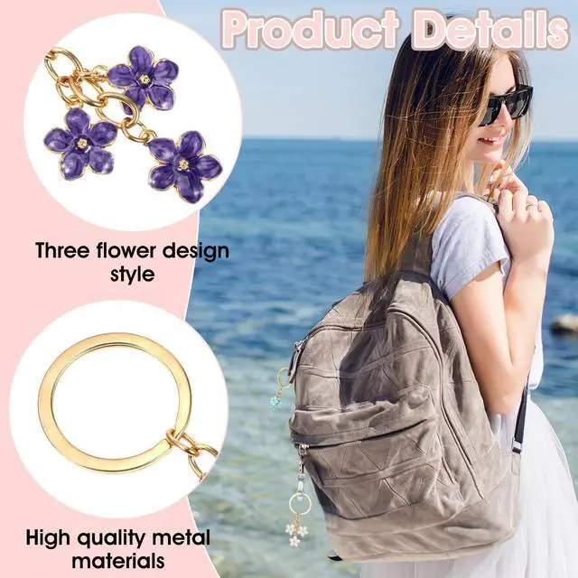 Alt view image 4 of 7 - 4PCS Cute Flower Keychains, Women Aesthetic Pink Key Chain Charm Pendants Tassel Keyring blossoms Charms for Girls Bag Handbags Wallet Purse Car Accessories Decoration Gift