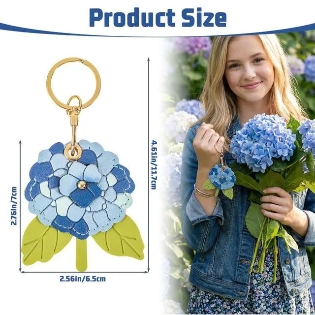 Alt view image 2 of 7 - Leather Hydrangea Flower Keychain Pendant - Elegant Floral Key Chains for Women, Durable Leather Key Chain, Perfect Floral Gifts for Handbags, Backpack Keys Bags Luggage Charms (Blue)
