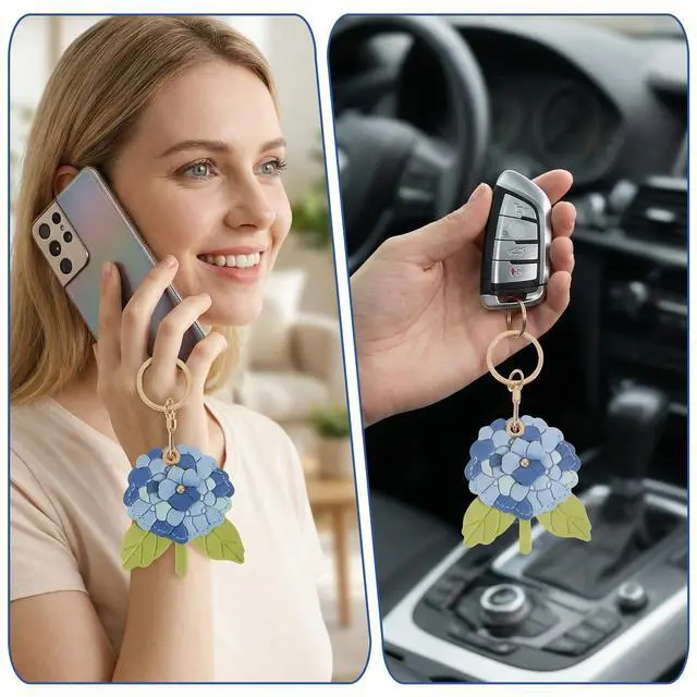 Alt view image 5 of 7 - Leather Hydrangea Flower Keychain Pendant - Elegant Floral Key Chains for Women, Durable Leather Key Chain, Perfect Floral Gifts for Handbags, Backpack Keys Bags Luggage Charms (Blue)