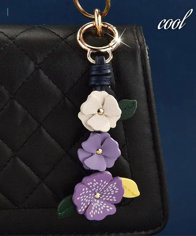 Alt view image 2 of 7 - Cute Leather Flower Bag Charm for Women, Sweet Floral Keychain Car Hanging Keyring Purse Charm Decoration (Purple)