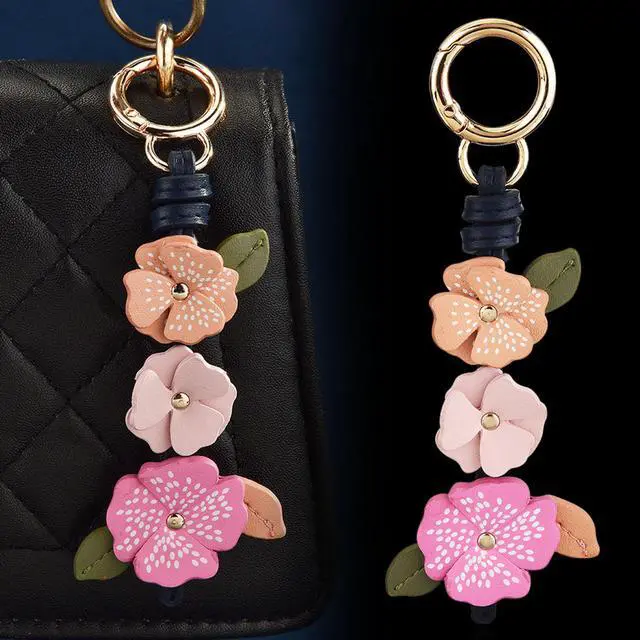Alt view image 5 of 7 - Cute Leather Flower Bag Charm for Women, Sweet Floral Keychain Car Hanging Keyring Purse Charm Decoration (Purple)