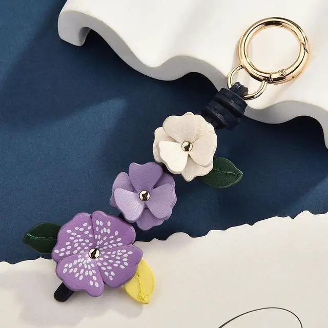 Alt view image 6 of 7 - Cute Leather Flower Bag Charm for Women, Sweet Floral Keychain Car Hanging Keyring Purse Charm Decoration (Purple)