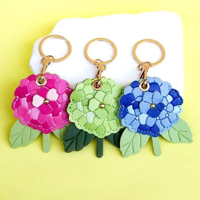 Alt view image 5 of 7 - Leather Hydrangea Flower Keychain Pendant, Accessories Elegant Floral Key Chains for Women Men Wallet Purse Charms (Blue)