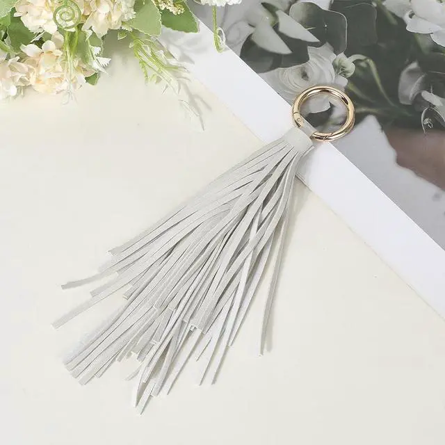 Alt view image 3 of 7 - Leather Tassel Pendant Handbag Key Fob Circle Key Rings Charms PU Leather Tassel Keychain Car Keychain Holder with Gold Ring for Bag Wallet Purse Decorations(Beige)