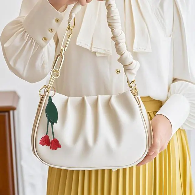 Alt view image 2 of 7 - Leather Leaf Flower Keychain, Pu Leather Cute Bohemian Accessory Keychain, Portable Key Ring Charm For Women's Wallet Pendant (red)