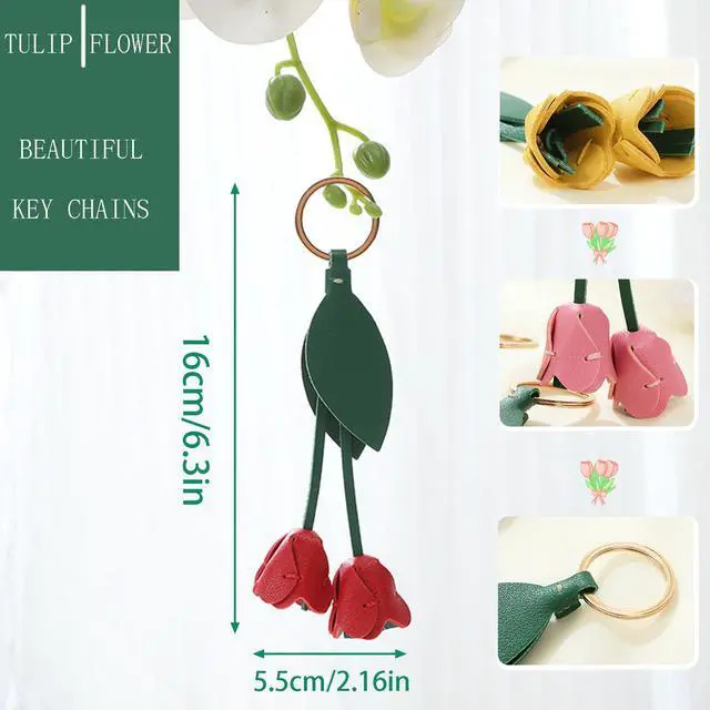 Alt view image 4 of 7 - Leather Leaf Flower Keychain, Pu Leather Cute Bohemian Accessory Keychain, Portable Key Ring Charm For Women's Wallet Pendant (red)