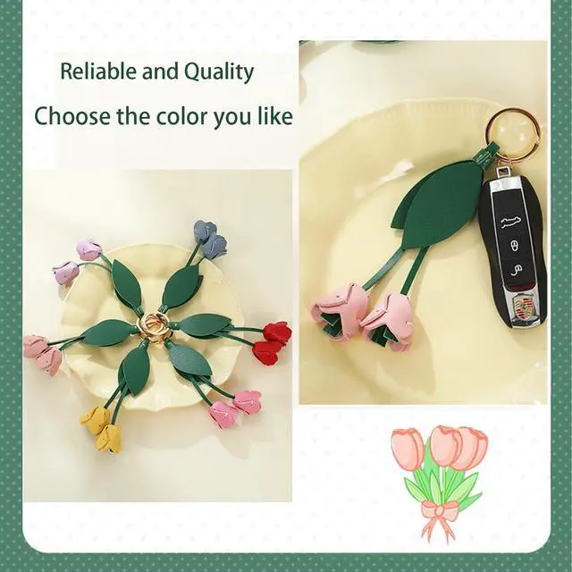 Alt view image 6 of 7 - Leather Leaf Flower Keychain, Pu Leather Cute Bohemian Accessory Keychain, Portable Key Ring Charm For Women's Wallet Pendant (red)