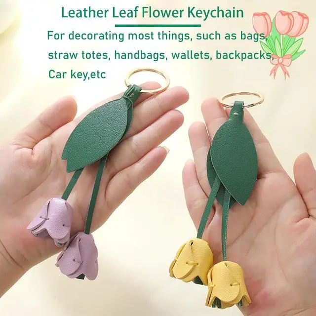 Alt view image 7 of 7 - Leather Leaf Flower Keychain, Pu Leather Cute Bohemian Accessory Keychain, Portable Key Ring Charm For Women's Wallet Pendant (red)