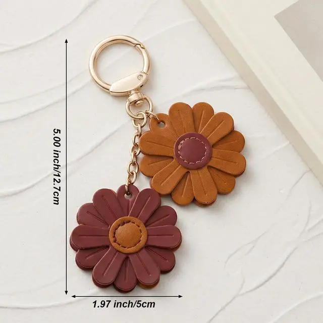Alt view image 2 of 7 - Leather Flower Bag Charm, 2-Inch Floral Keychain for Women, Boho Purse Charm Keyring, Handbag Pendant Wallet Decor