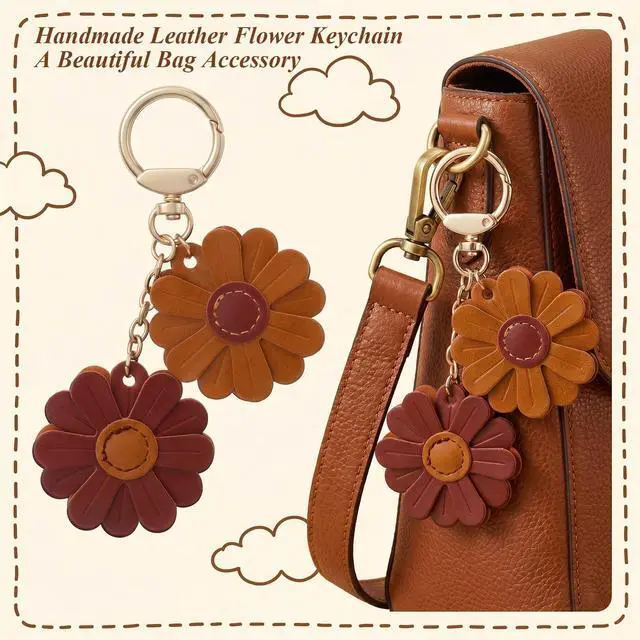Alt view image 6 of 7 - Leather Flower Bag Charm, 2-Inch Floral Keychain for Women, Boho Purse Charm Keyring, Handbag Pendant Wallet Decor