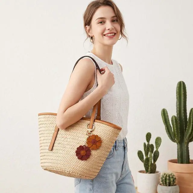 Alt view image 5 of 7 - Leather Flower Bag Charm, 2-Inch Floral Keychain for Women, Boho Purse Charm Keyring, Handbag Pendant Wallet Decor