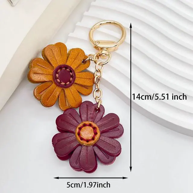 Alt view image 6 of 6 - Genuine Leather Flower Decorative Keyring Cute Leather Flower Keychains Boho Accessories Key Ring for Women Wallet Bag Purse Pendant Charms