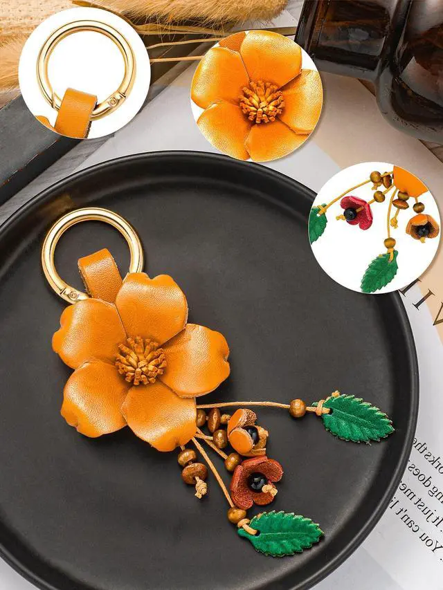 Alt view image 3 of 7 - Leather Leaf Flower Tassel Keychain Boho Accessories Cute Keychains for Women Wallet Bag Purse Ring Pendant Charms (Yellow)