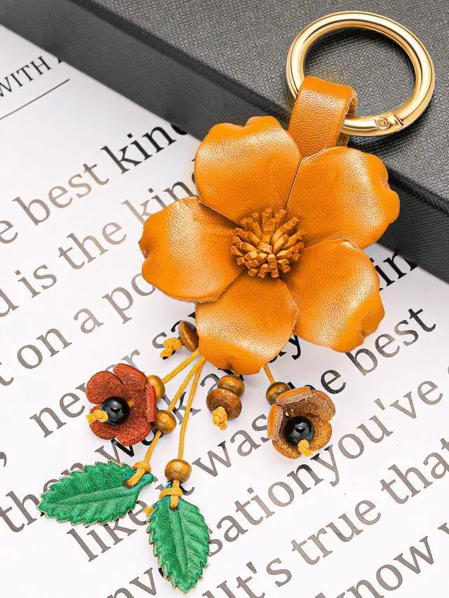 Alt view image 2 of 7 - Leather Leaf Flower Tassel Keychain Boho Accessories Cute Keychains for Women Wallet Bag Purse Ring Pendant Charms (Yellow)