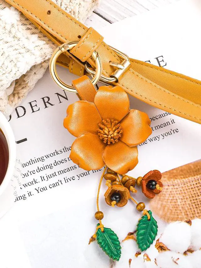 Alt view image 4 of 7 - Leather Leaf Flower Tassel Keychain Boho Accessories Cute Keychains for Women Wallet Bag Purse Ring Pendant Charms (Yellow)