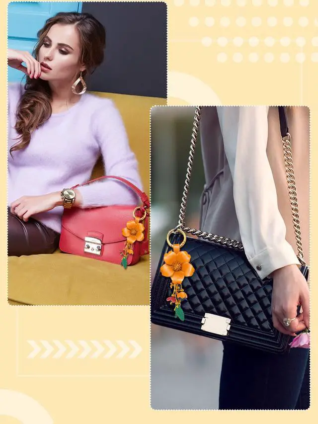 Alt view image 7 of 7 - Leather Leaf Flower Tassel Keychain Boho Accessories Cute Keychains for Women Wallet Bag Purse Ring Pendant Charms (Yellow)