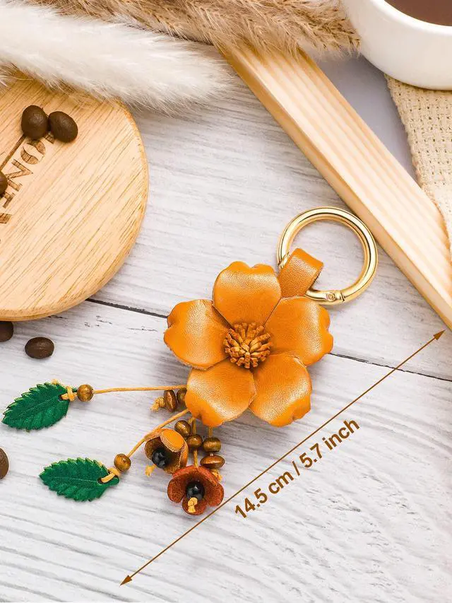 Alt view image 5 of 7 - Leather Leaf Flower Tassel Keychain Boho Accessories Cute Keychains for Women Wallet Bag Purse Ring Pendant Charms (Yellow)