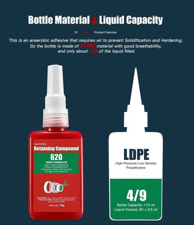 Alt view image 2 of 7 - Retaining Compound Green 620 Sleeve Retainer High Strength Cylindrical Metal Components Assemblies Locking and Sealing Anaerobic Glue 1.69 Oz/50 ml