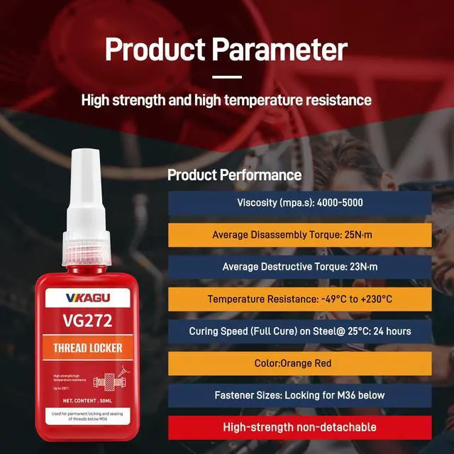 Alt view image 2 of 7 - 272 Orange High Temp High Strength Threadlocker - Glue Resists 230°C Heat & Harsh Chemicals -Permanent High-Strength Adhesive for Metal Bolts & Nuts - Industrial Size - 1.69Oz/50ml