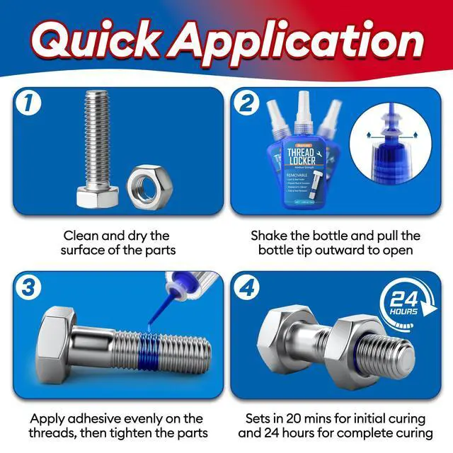 Alt view image 7 of 7 - Thread Lock Blue and Red, 50mlx2 Thread Locker Medium and High Strength, Threadlocker Removable & Permanent for Nuts, Bolts, Fasteners and Metals to Prevent Loosening and Leakage