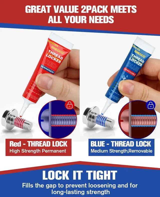 Alt view image 2 of 7 - 2 Pack Thread Locker Blue and Red 6mlx2 - Medium and Strong StrengthThreadlocker Metal Glue for Nuts, Bolts, Fasteners - Prevent Loosening/Corrosion (Blue and Red 6ml*2)