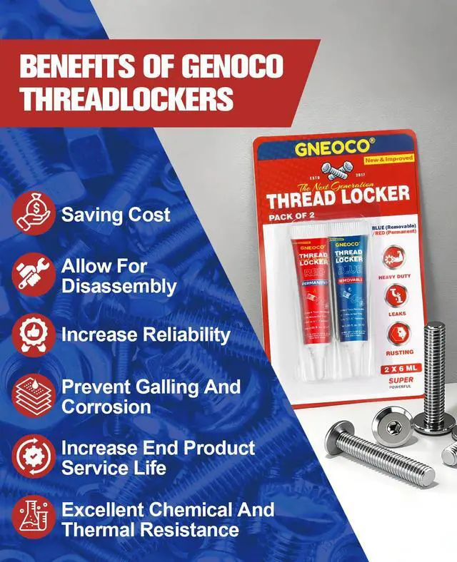 Alt view image 4 of 7 - 2 Pack Thread Locker Blue and Red 6mlx2 - Medium and Strong StrengthThreadlocker Metal Glue for Nuts, Bolts, Fasteners - Prevent Loosening/Corrosion (Blue and Red 6ml*2)