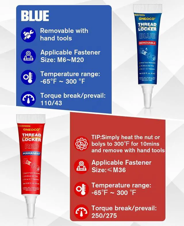 Alt view image 6 of 7 - 2 Pack Thread Locker Blue and Red 6mlx2 - Medium and Strong StrengthThreadlocker Metal Glue for Nuts, Bolts, Fasteners - Prevent Loosening/Corrosion (Blue and Red 6ml*2)