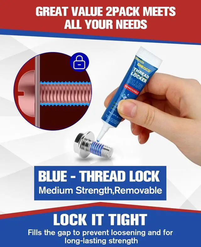 Alt view image 2 of 6 - 2 Pack Thread Lock Blue 6mlx2, Threadlocker Medium Strength, Thread Locker for Nuts, Bolts, Fasteners and Metals, Anaerobic Curing Screw Glue to Prevent Loosening (Blue (Removable) 6ml*2)