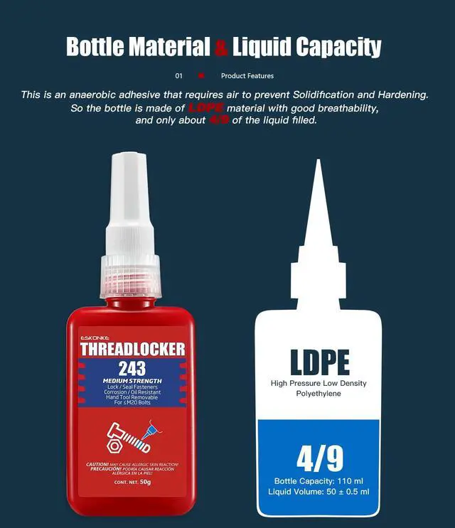 Alt view image 2 of 7 - Thread Locker Blue 243 - Removable Threadlocker Metal Glue for Nuts, Bolts, Fasteners Medium Strength Screw Compound to Prevent Loosening & Corrosion 1.69 Oz/50 ml