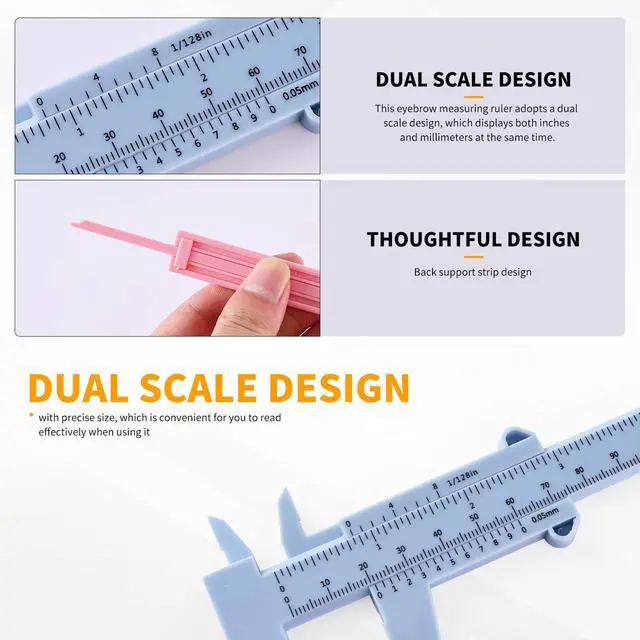 Alt view image 3 of 6 - Eyebrow Measuring Ruler, Brow Mapping Tool, Mini Vernier Caliper Double Scale, Plastic Sliding Gauge Ruler for Micro Blading Eyebrow Tattoo Brow Artists (2 Pack, Pink & Blue)