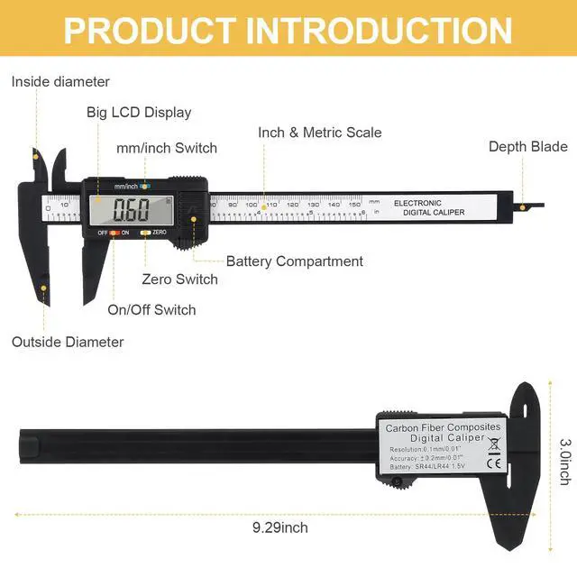 Alt view image 3 of 7 - Digital Caliper, 0-6 inches Caliper with Large LCD Screen, Auto - Off Feature, Inch and Millimeter Conversion Measuring Tool, Perfect for Household/DIY/Jewelry Measurment