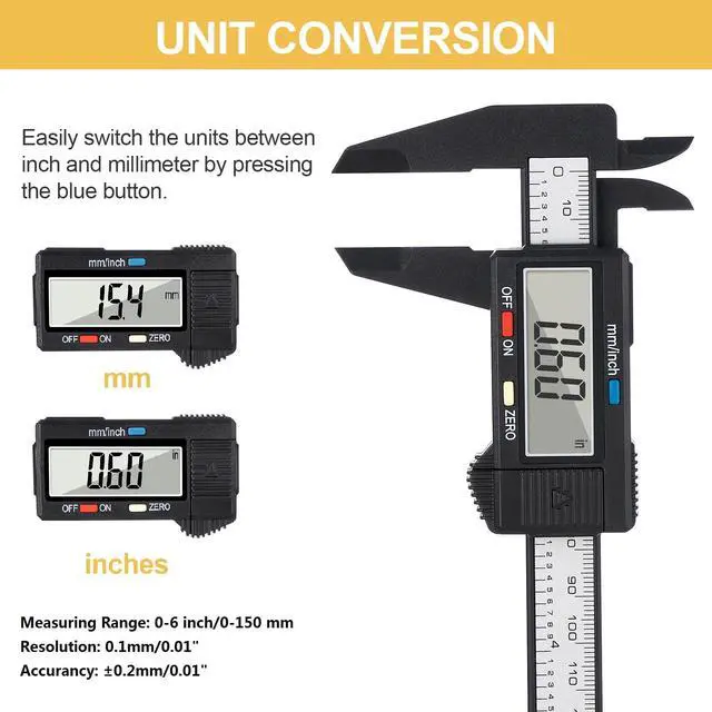 Alt view image 2 of 7 - Digital Caliper, 0-6 inches Caliper with Large LCD Screen, Auto - Off Feature, Inch and Millimeter Conversion Measuring Tool, Perfect for Household/DIY/Jewelry Measurment